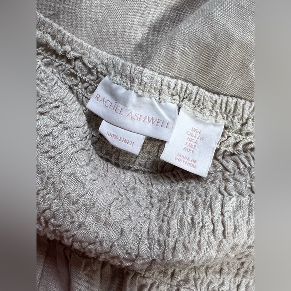 RACHEL ASHWELL Khaki 💯 Linen smocked waist full skirt size L - Picture 6 of 8